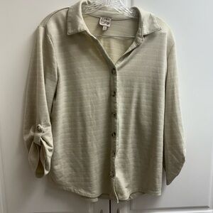 Como Vintage Textured Button Down Top Large Beige Neutral Roll Tab Sleeve